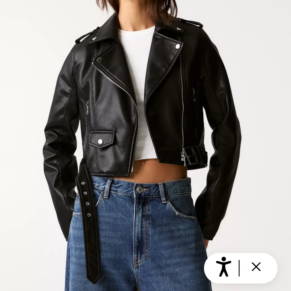 Pull & bear faux leather Black biker crop Strappy Belted Pocket jacket